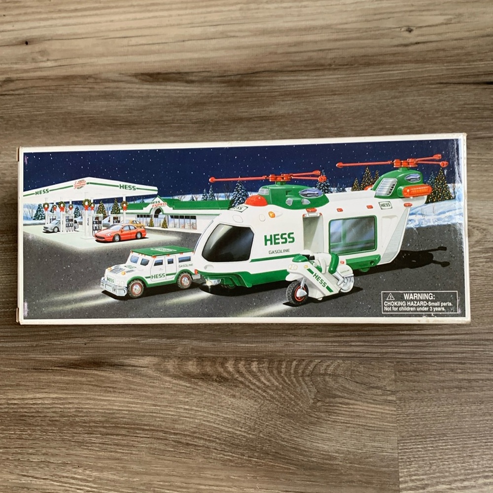 2001 Hess Gas Station Gasoline Toy Helicopter Motorcycle & Cruiser Collectible